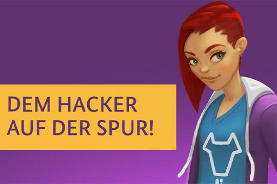 Abbildung von Toni und Schrift, die sagt "dem Hacker auf der Spur"